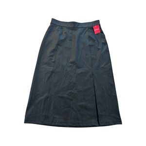 SPANX Skirt Faux Leather Black Midi A-Line Front Slit High Waist Size Large NWT